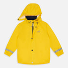 Yellow Rainy Day Waterproof Jacket, a bright, hooded raincoat with reflective stripes on the sleeves, ideal for wet weather.